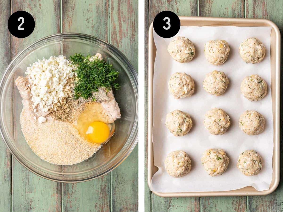 Raw ground chicken in a mixing bowl with the rest of the meatball ingredients. Raw greek chicken meatballs on a baking sheet.