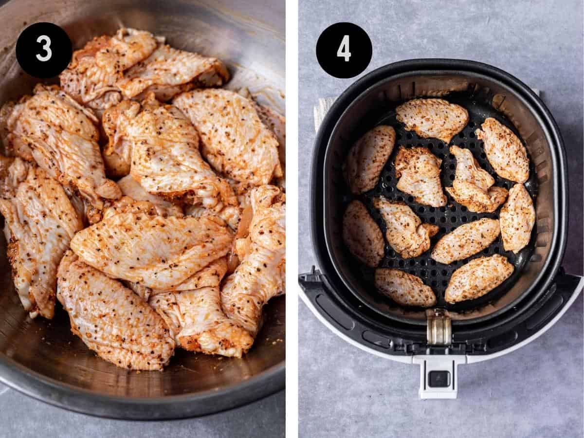 Raw chicken wings mixed in seasonings, then placed in an air fryer basket.