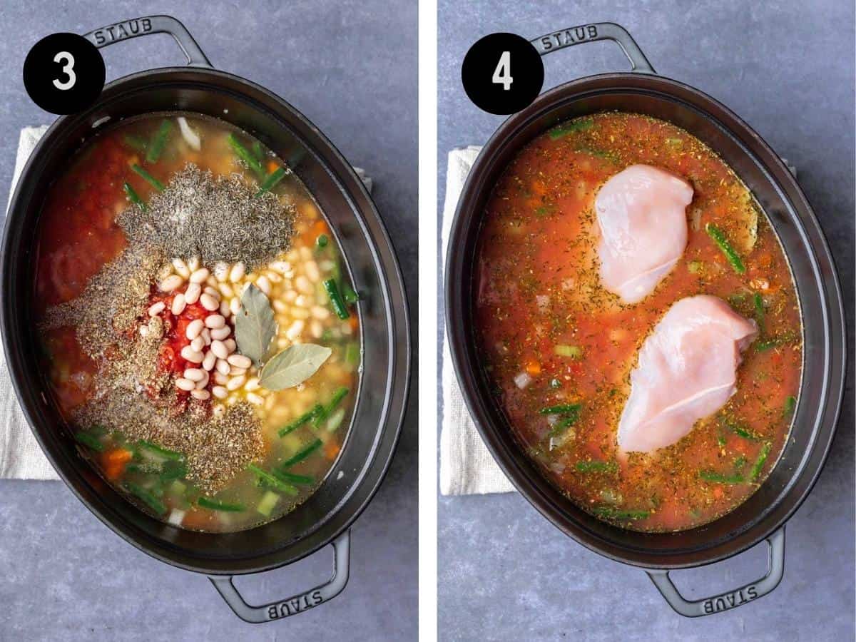 Broth, tomatoes, beans, and bay leaves added to the large pot along with raw chicken breasts.