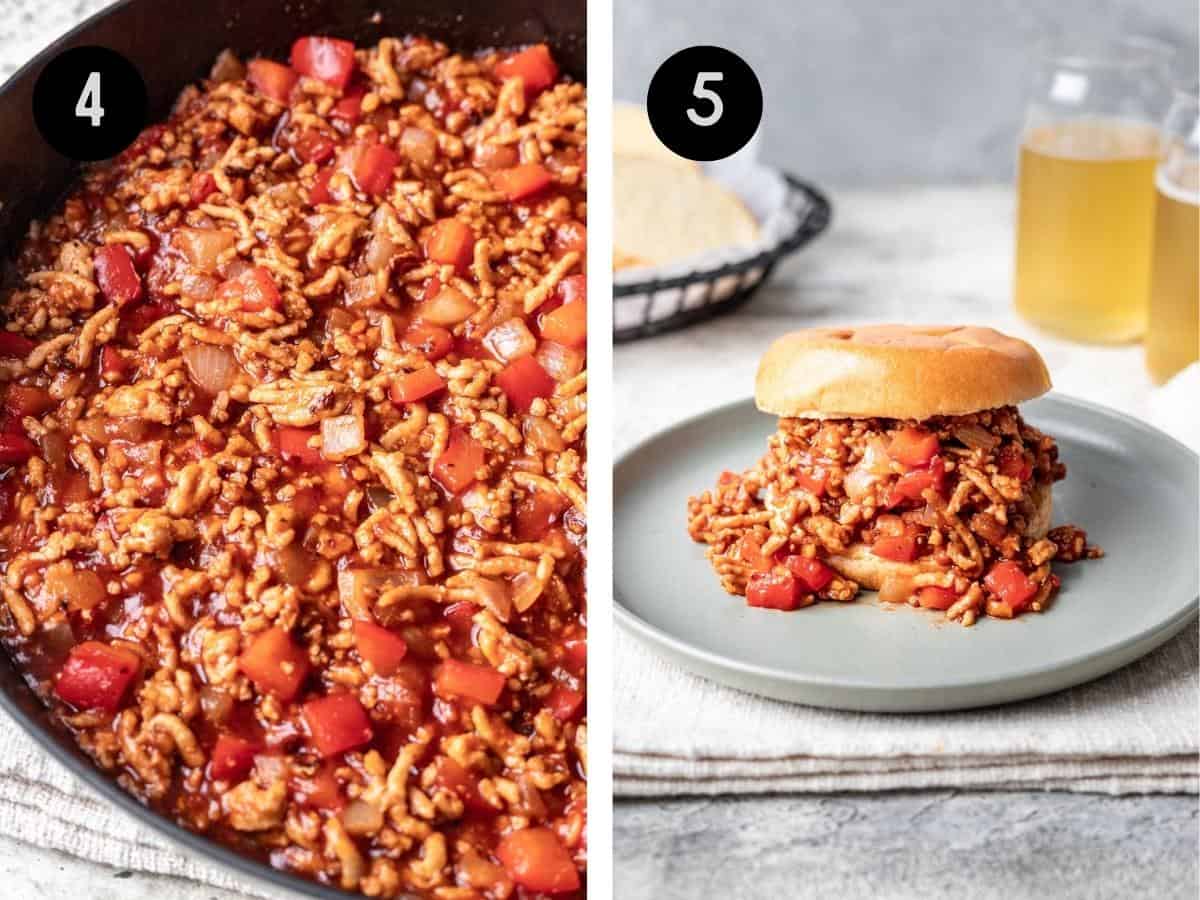 Ground chicken sloppy joes in a skillet, then on top of a bun.