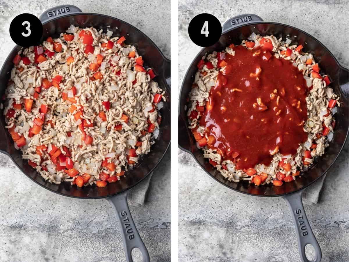 Ground chicken mixed with peppers and onions in a skillet. Then, topped with sauce.