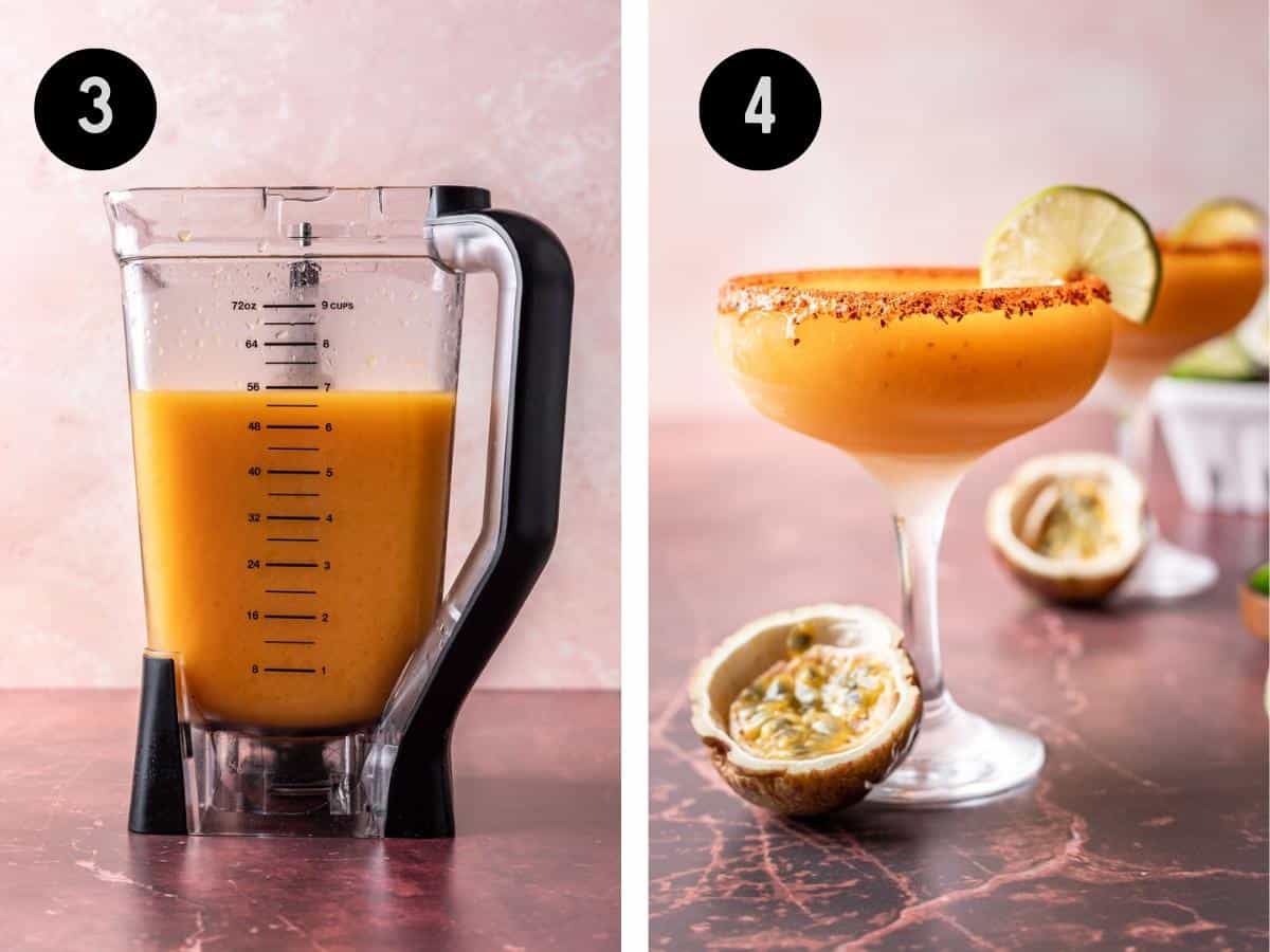 Blended passion fruit margaritas in a blender. Then, poured in a glass with garnish of lime.