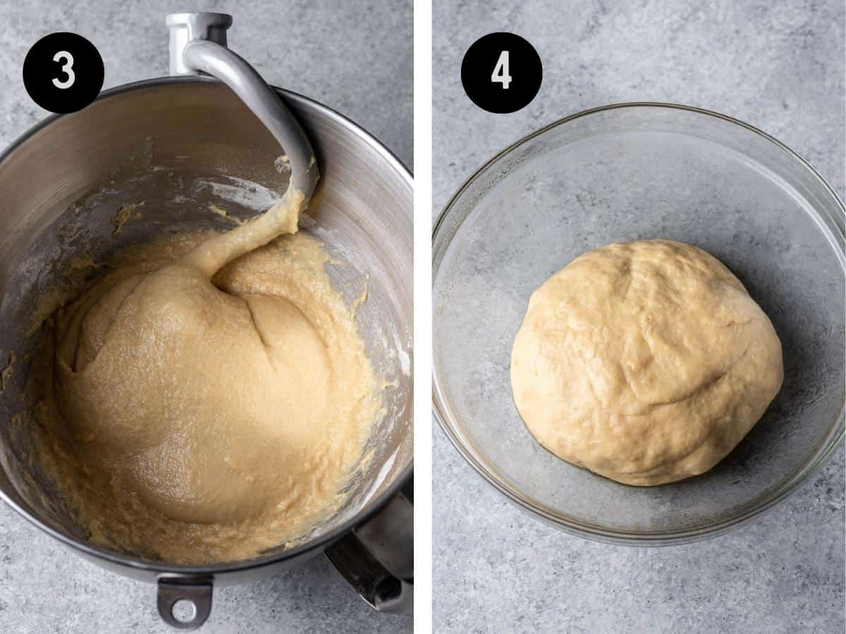 Round challah dough rising in a mixing bowl.