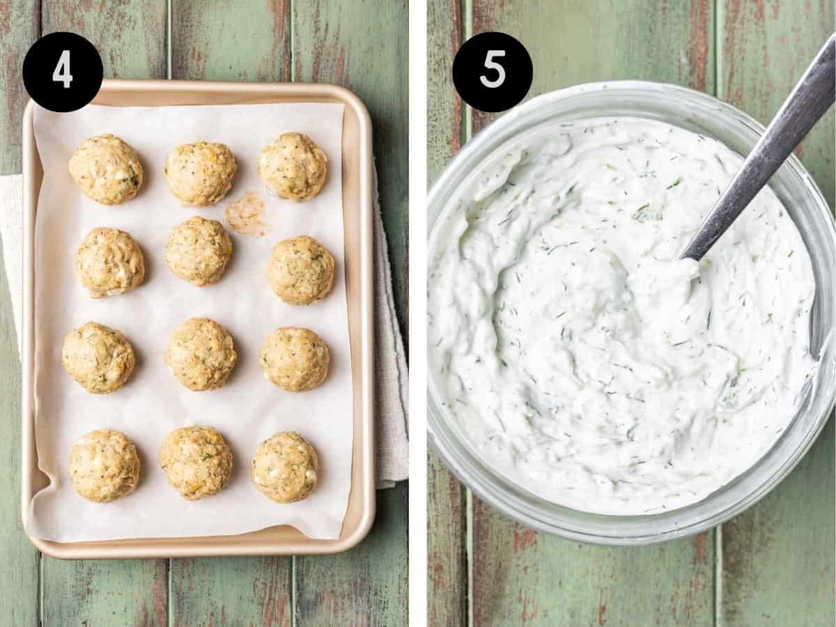 Cooked greek chicken meatballs on a baking sheet. Homemade tzatziki sauce in a glass mixing bowl.