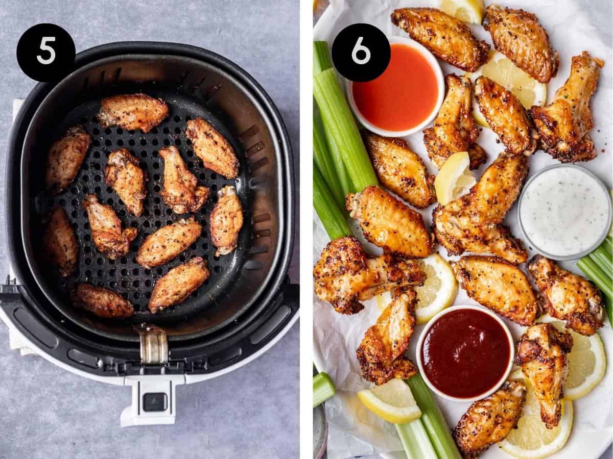 Cooked chicken wings in an air fryer basket, then on a serving platter.