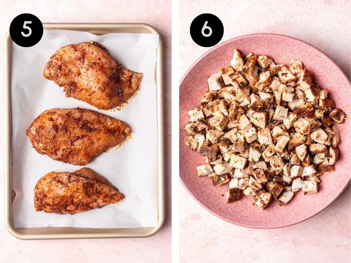 Raw chicken breasts on a baking sheet. Then, diced cooked chicken in a serving bowl.