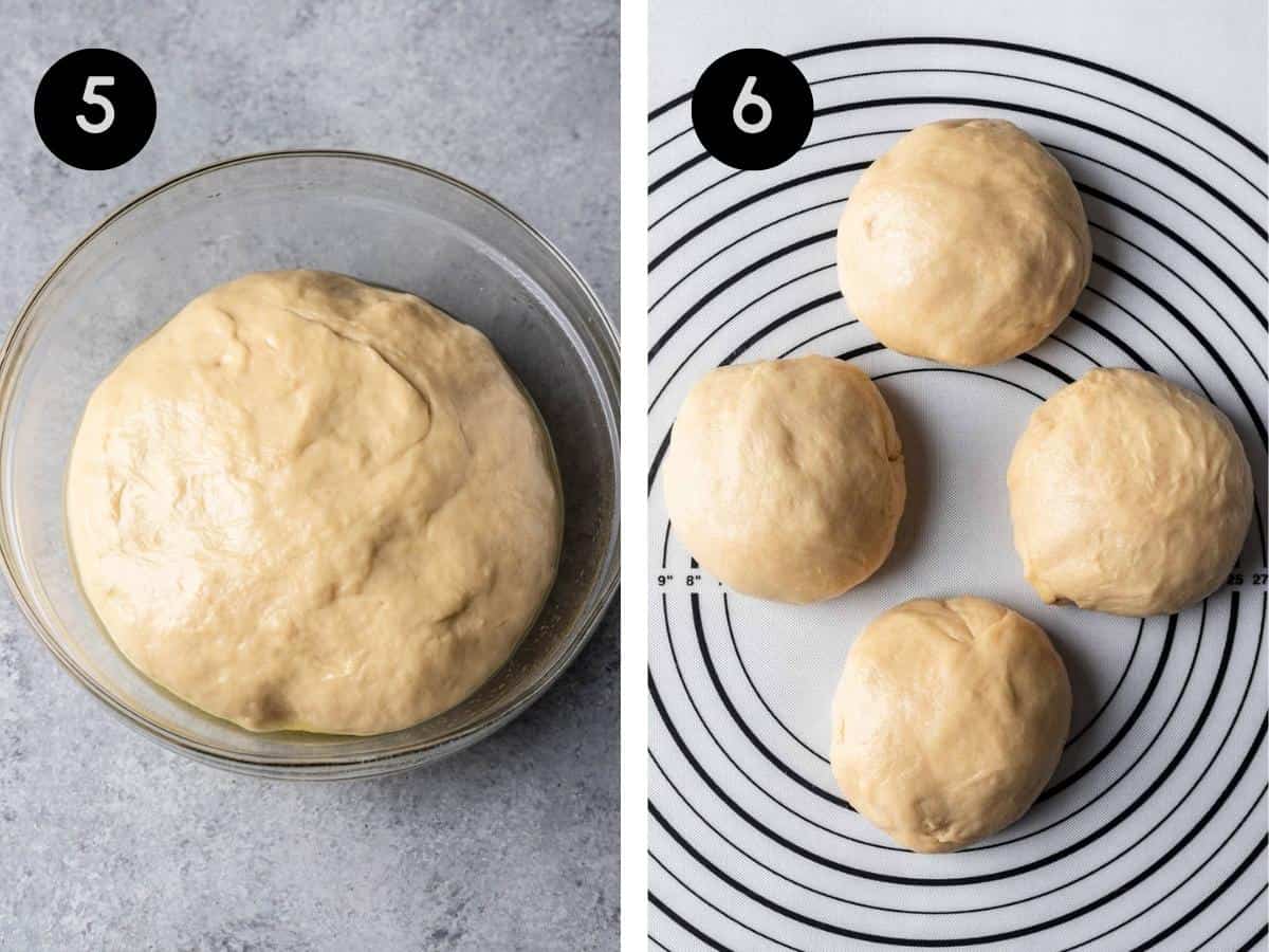 Challah dough risen in a mixing bowl. Then, separated into 4 even-sized balls.