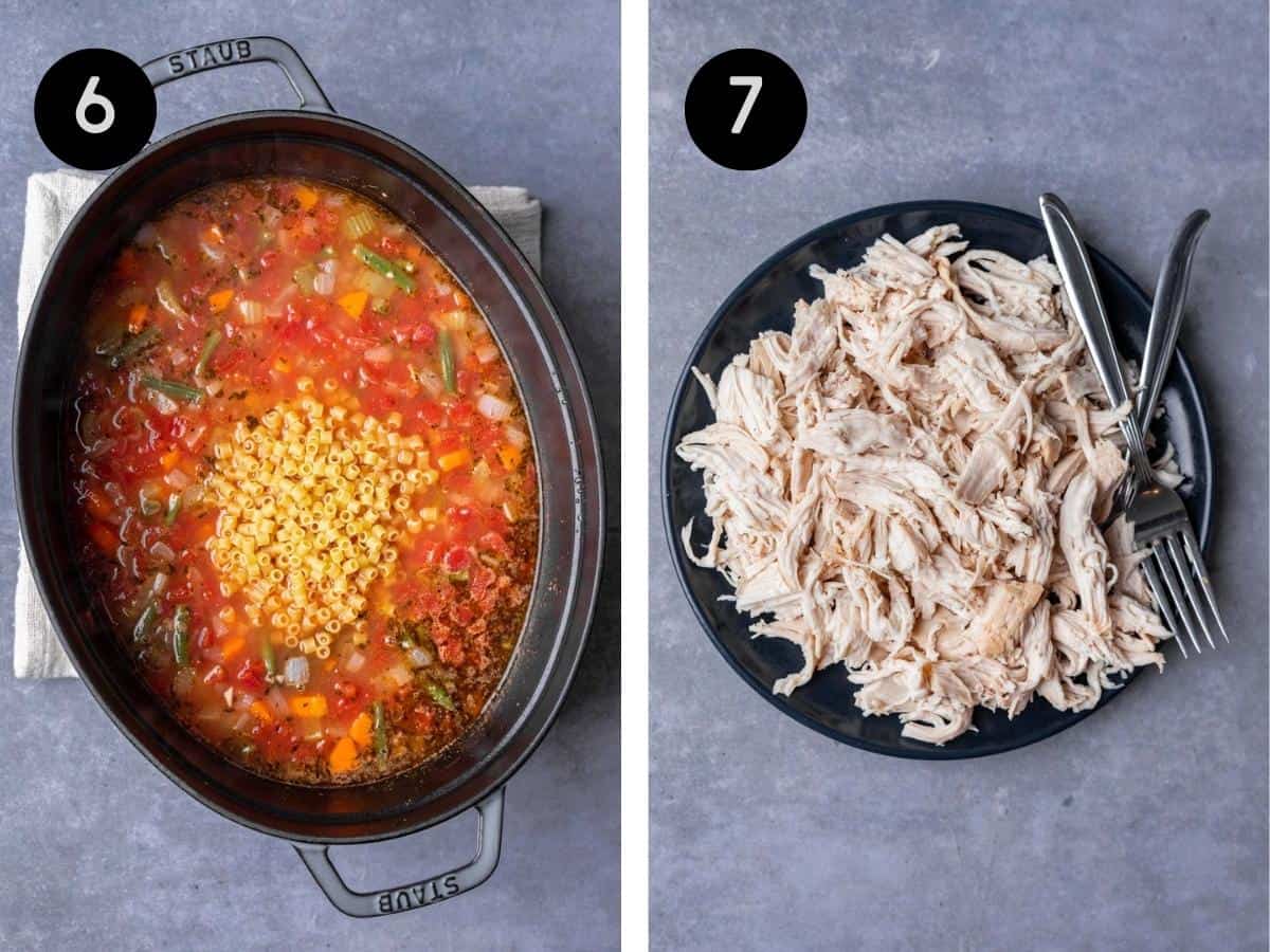 Uncooked pasta added to the pot. Chicken shredded on a plate with two forks.