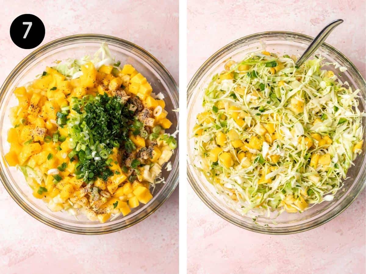 Pineapple mango slaw mixed in a large mixing bowl.