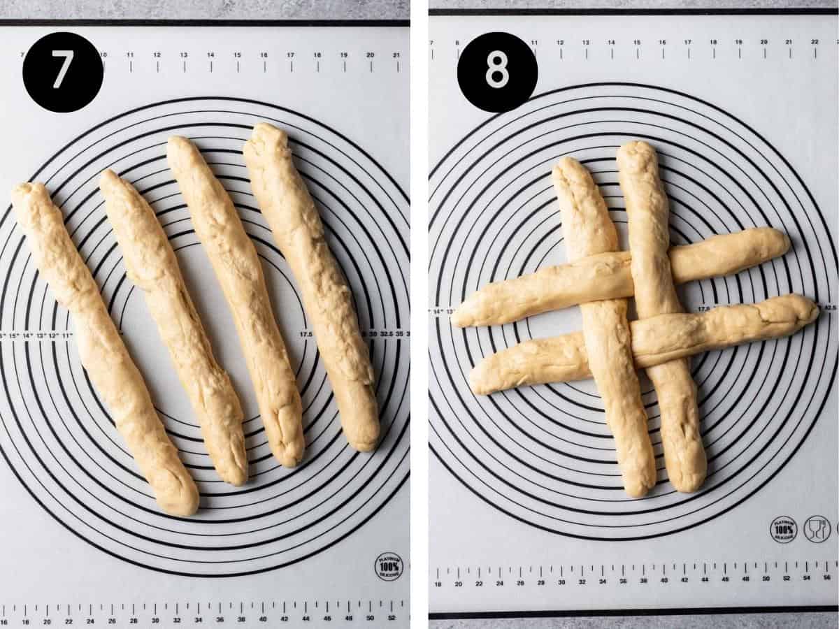 4 long strands of challah. Then, braided into a lattice pattern.