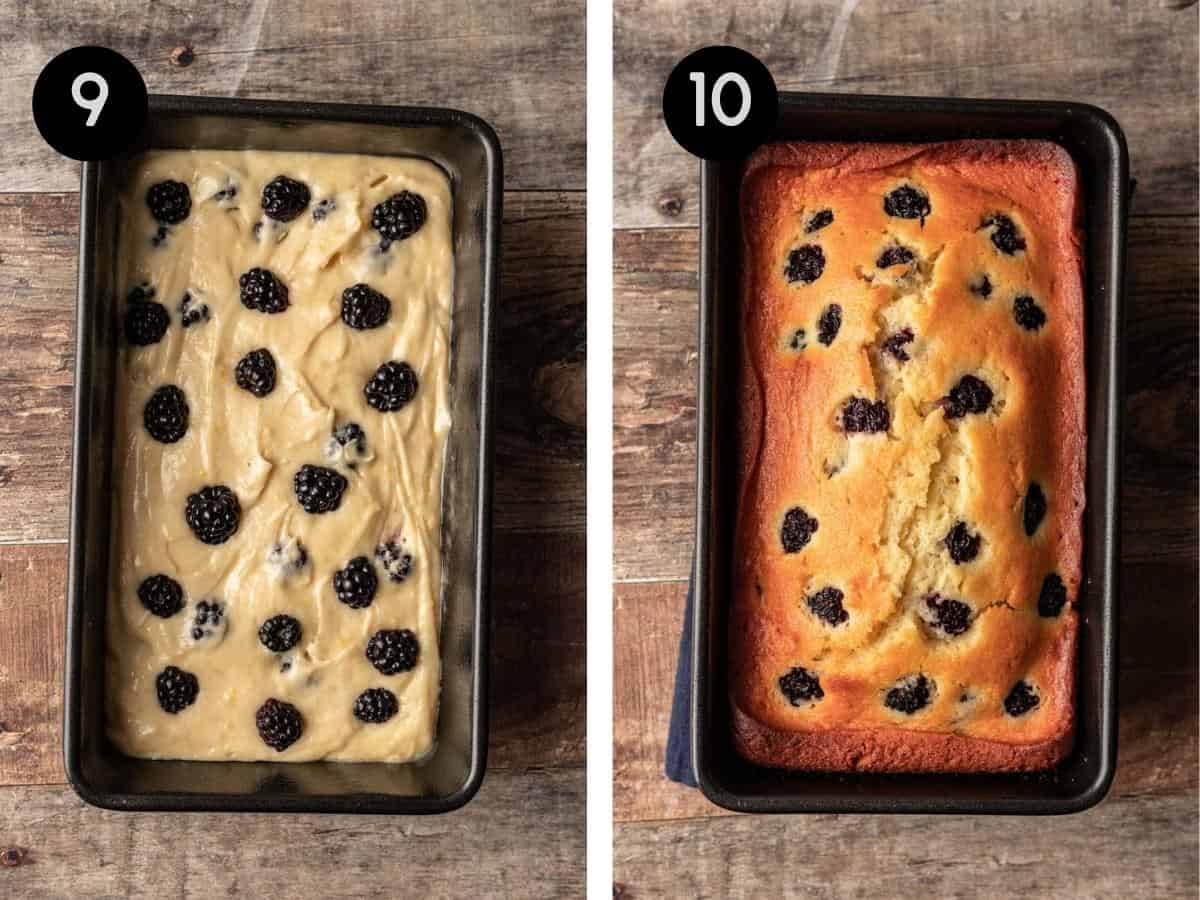 Before and after of blackberry lemon bread batter unbaked and baked in loaf pans.