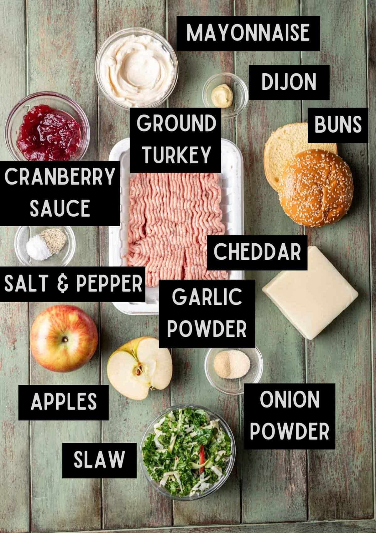 Labelled ingredients for apple turkey burgers (see recipe for details).