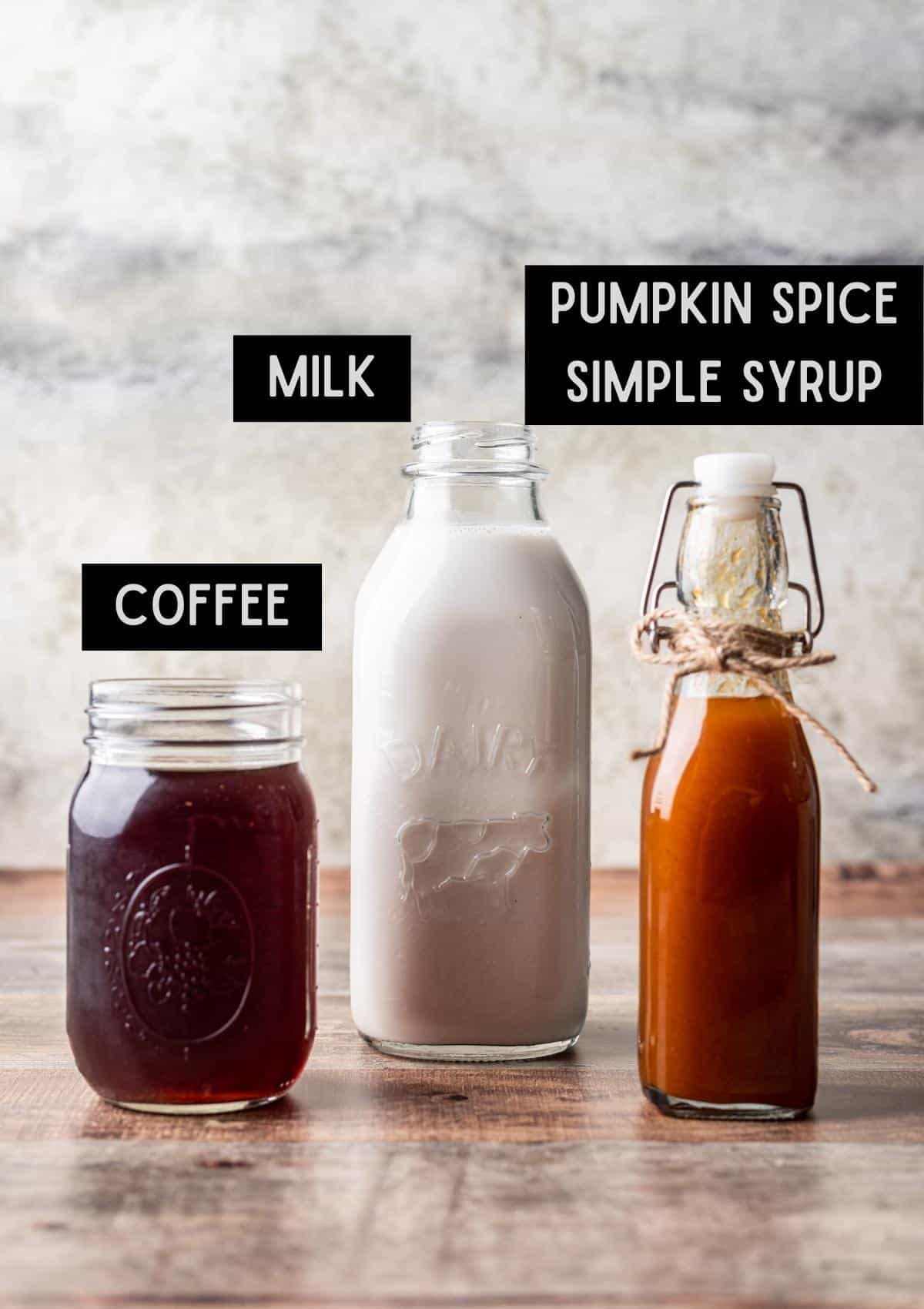 Labelled ingredients for ice pumpkin spice latte (see recipe for details).