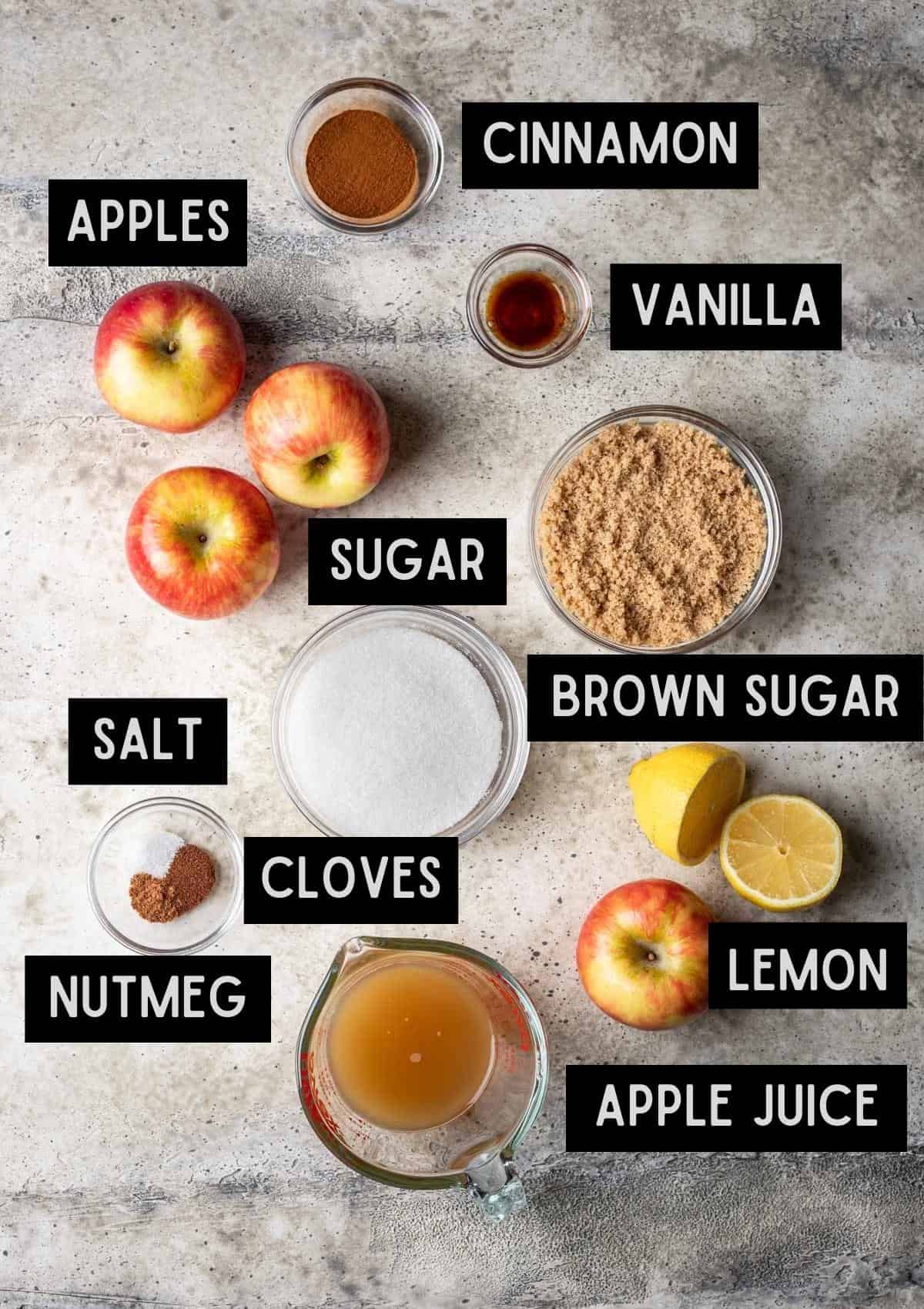 Labelled ingredients for instant pot apple butter (see recipe for details).