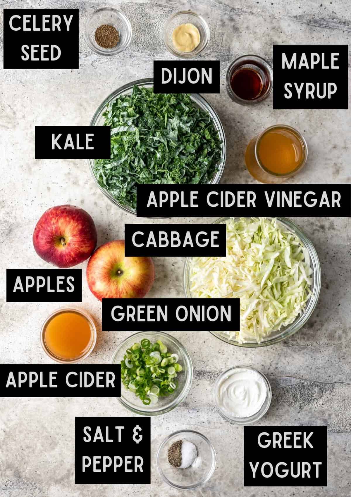 Labelled ingredients for kale apple slaw (see recipe for details).