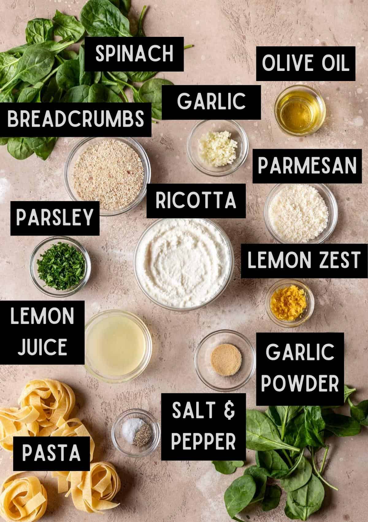 Labelled ingredients for one pot lemon ricotta pasta (see recipe for details).