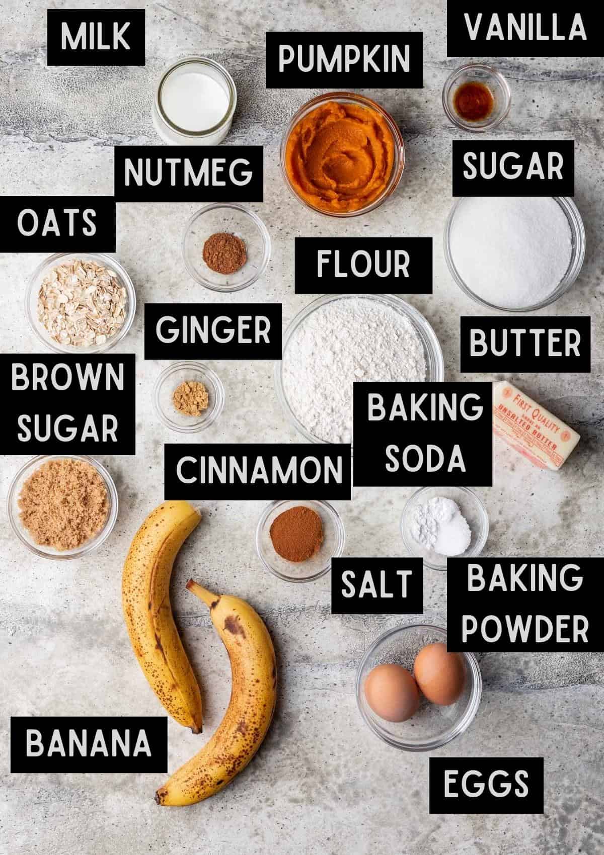 Labelled ingredients for pumpkin banana muffins (see recipe for details).