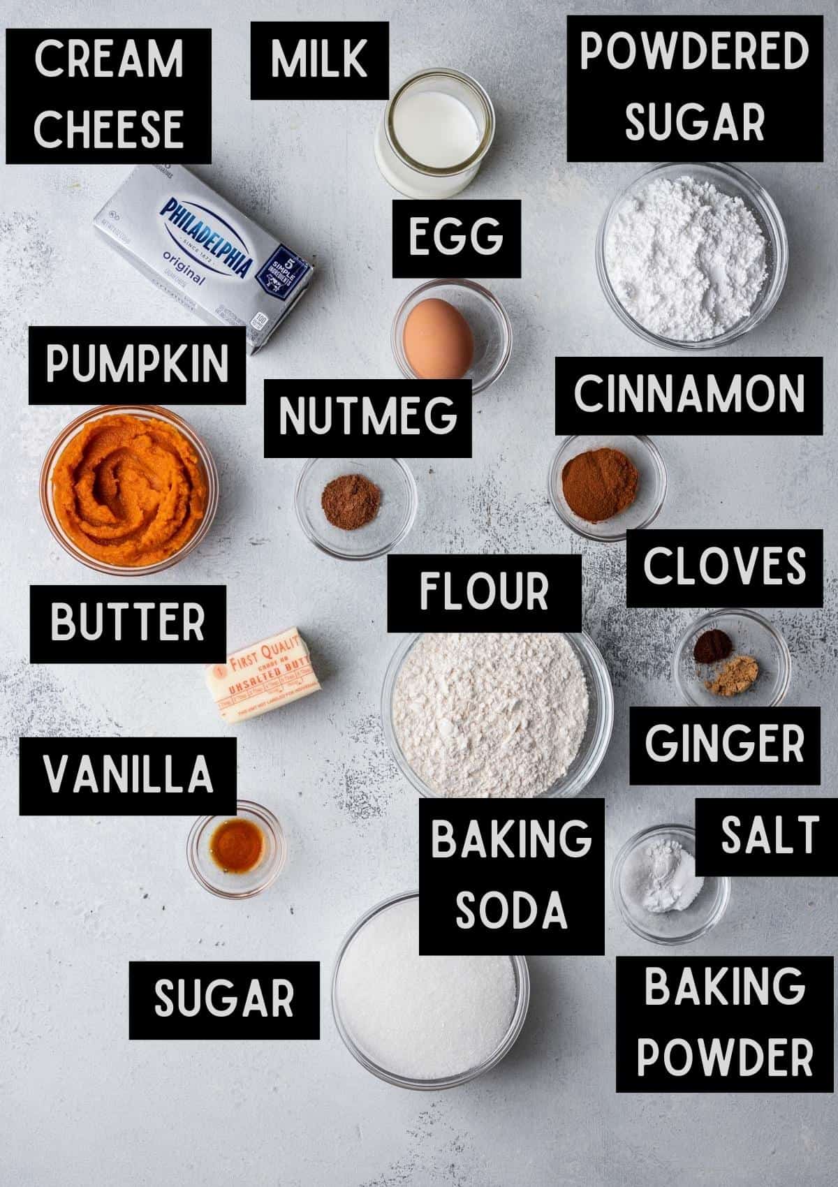 Labelled ingredients for pumpkin bread with cream cheese frosting (see recipe for details).