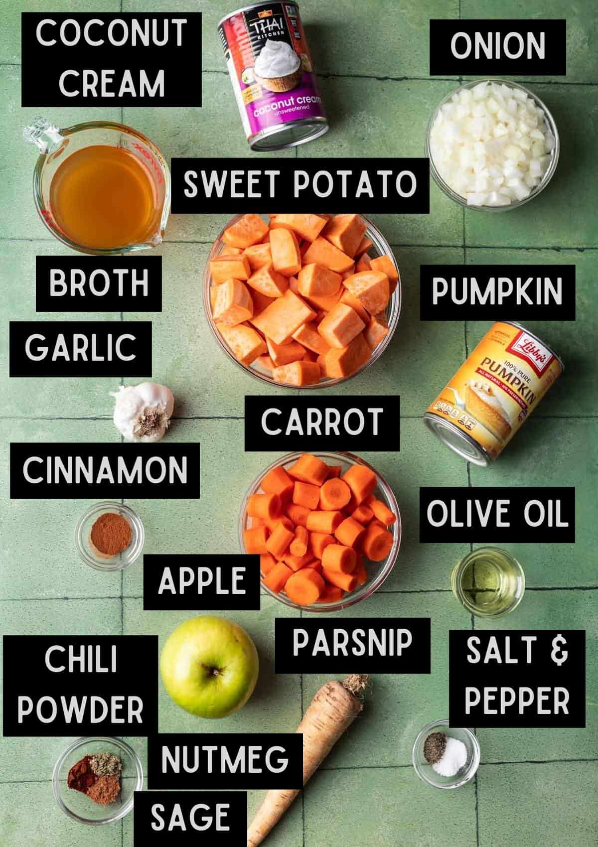 Labelled ingredients for pumpkin, carrot, sweet potato soup (see recipe for details).