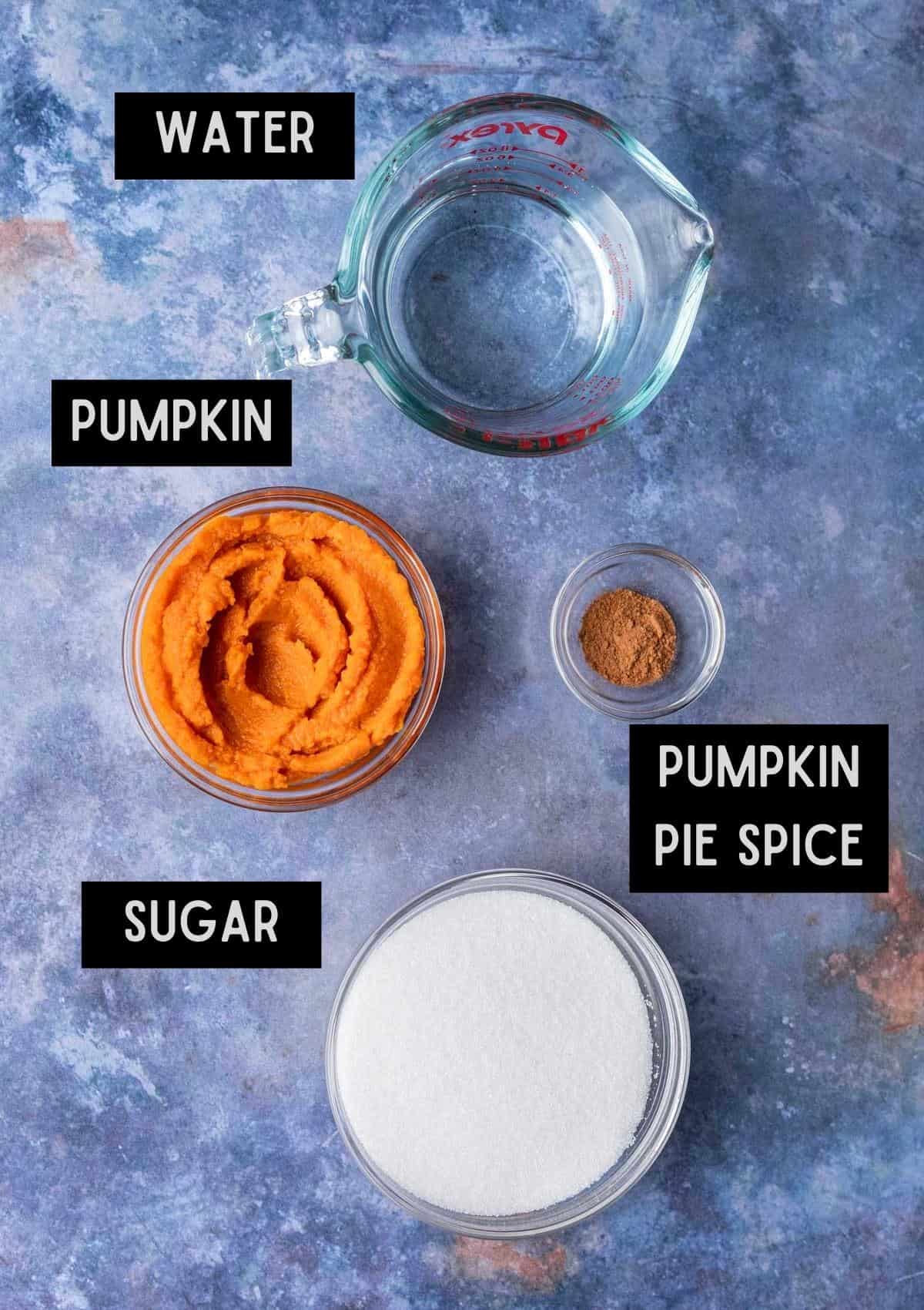 Labelled ingredients for pumpkin spice simple syrup (see recipe for details).