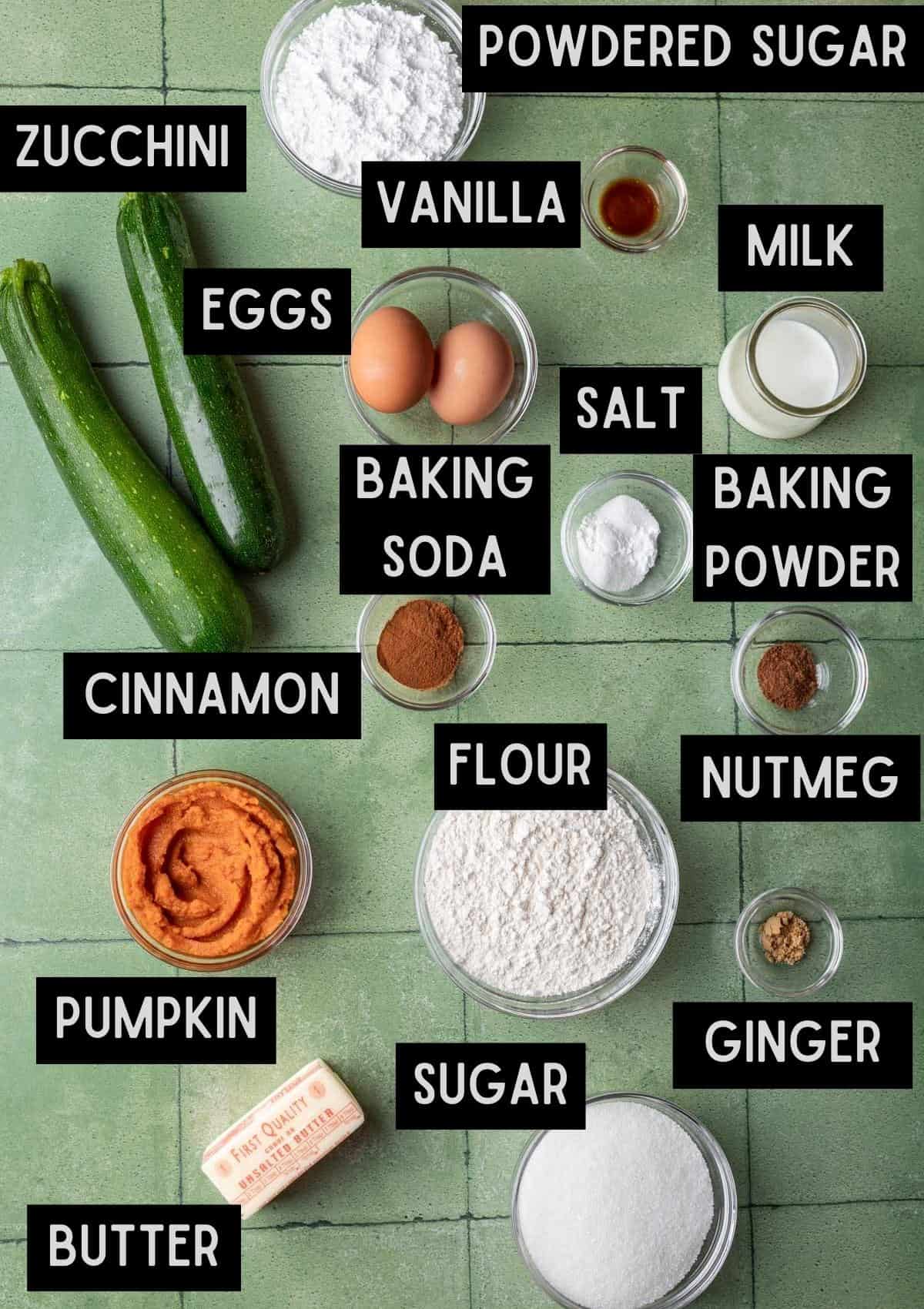 Labelled ingredients for pumpkin zucchini muffins (see recipe for details).