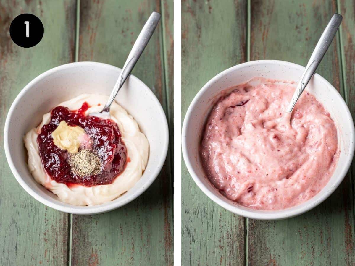 Cranberry aioli mixed in a small bowl.