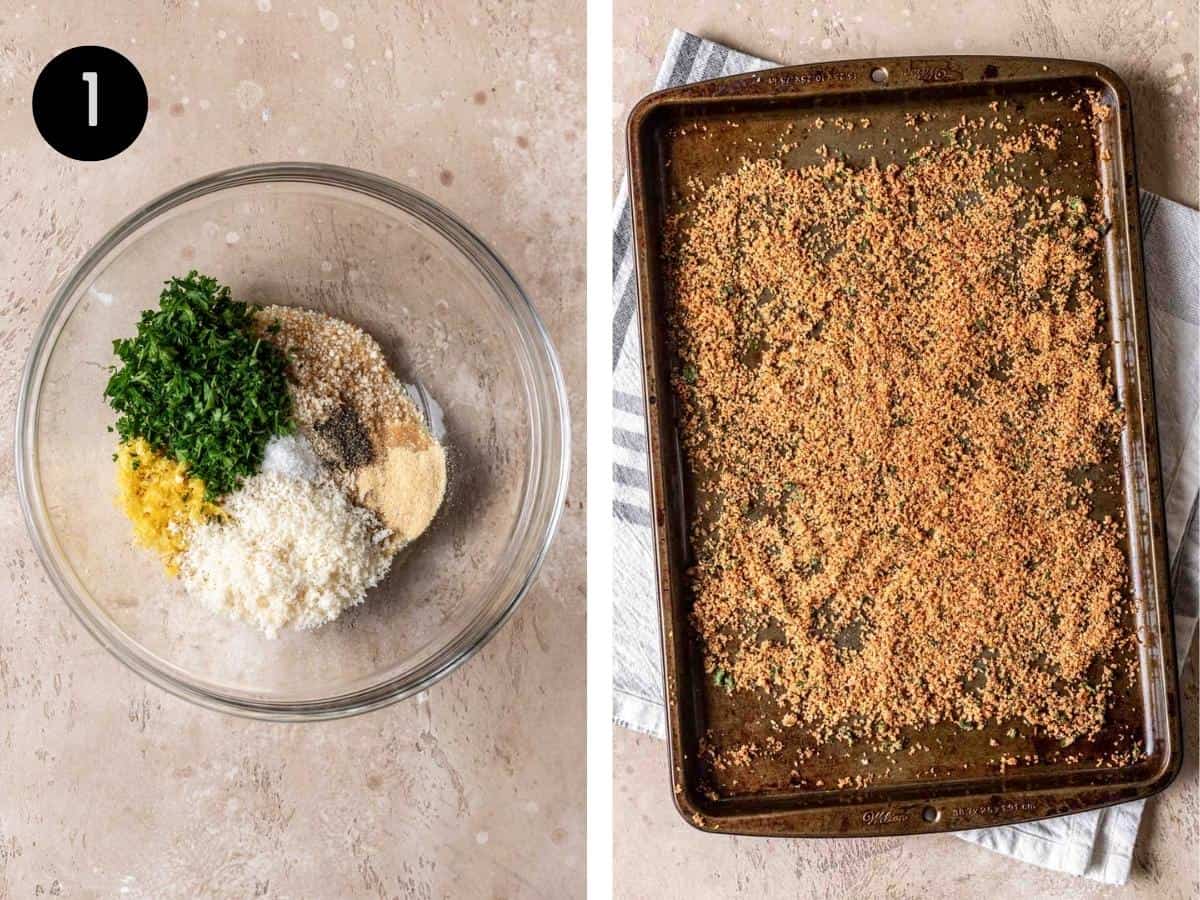 Breadcrumbs mixed with other ingredients in a mixing bowl. Then toasted on a baking sheet.