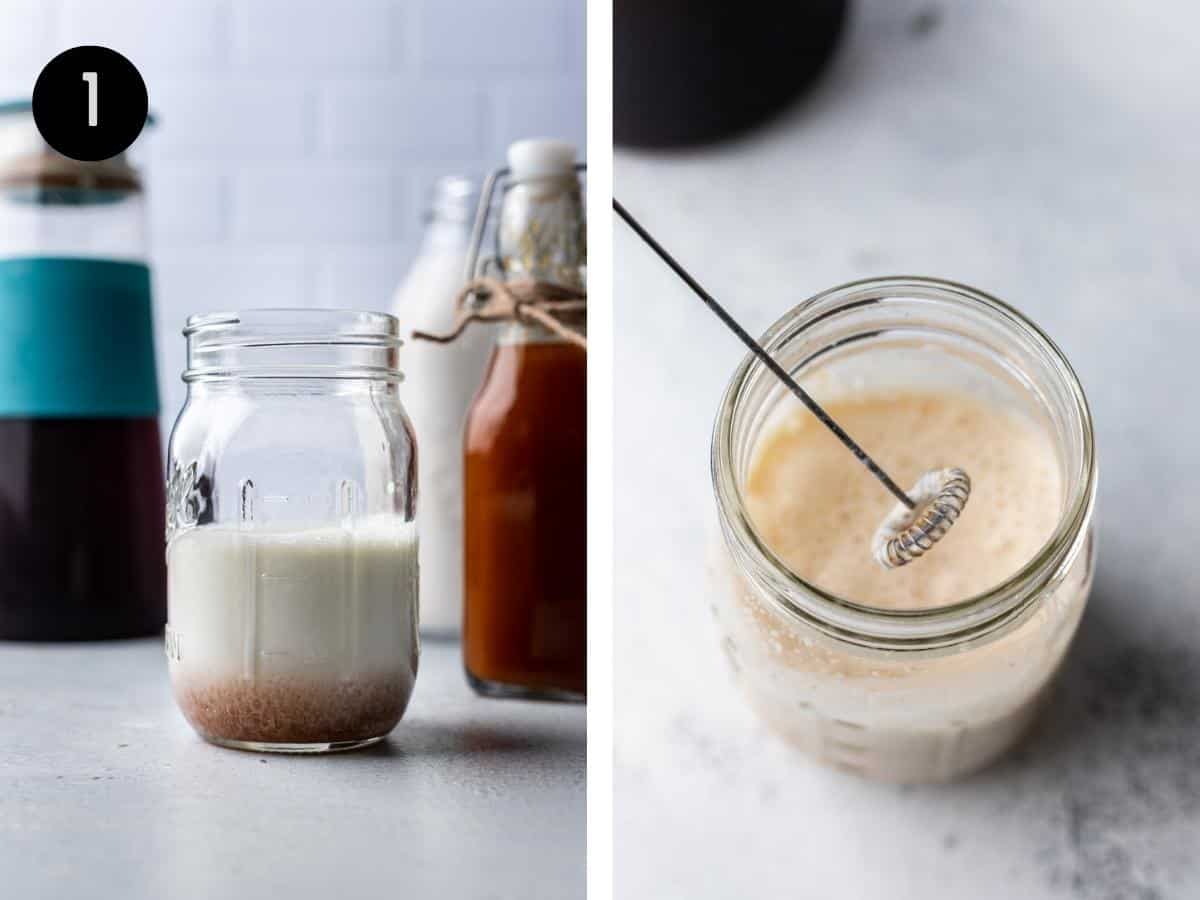 Heavy cream, milk, simple syrup, and salt in a jar, blended with a milk frother.