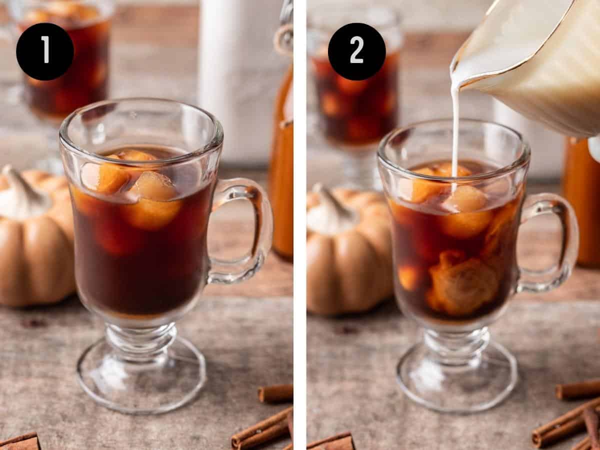 Ice and coffee in a glass mug with milk being poured in.