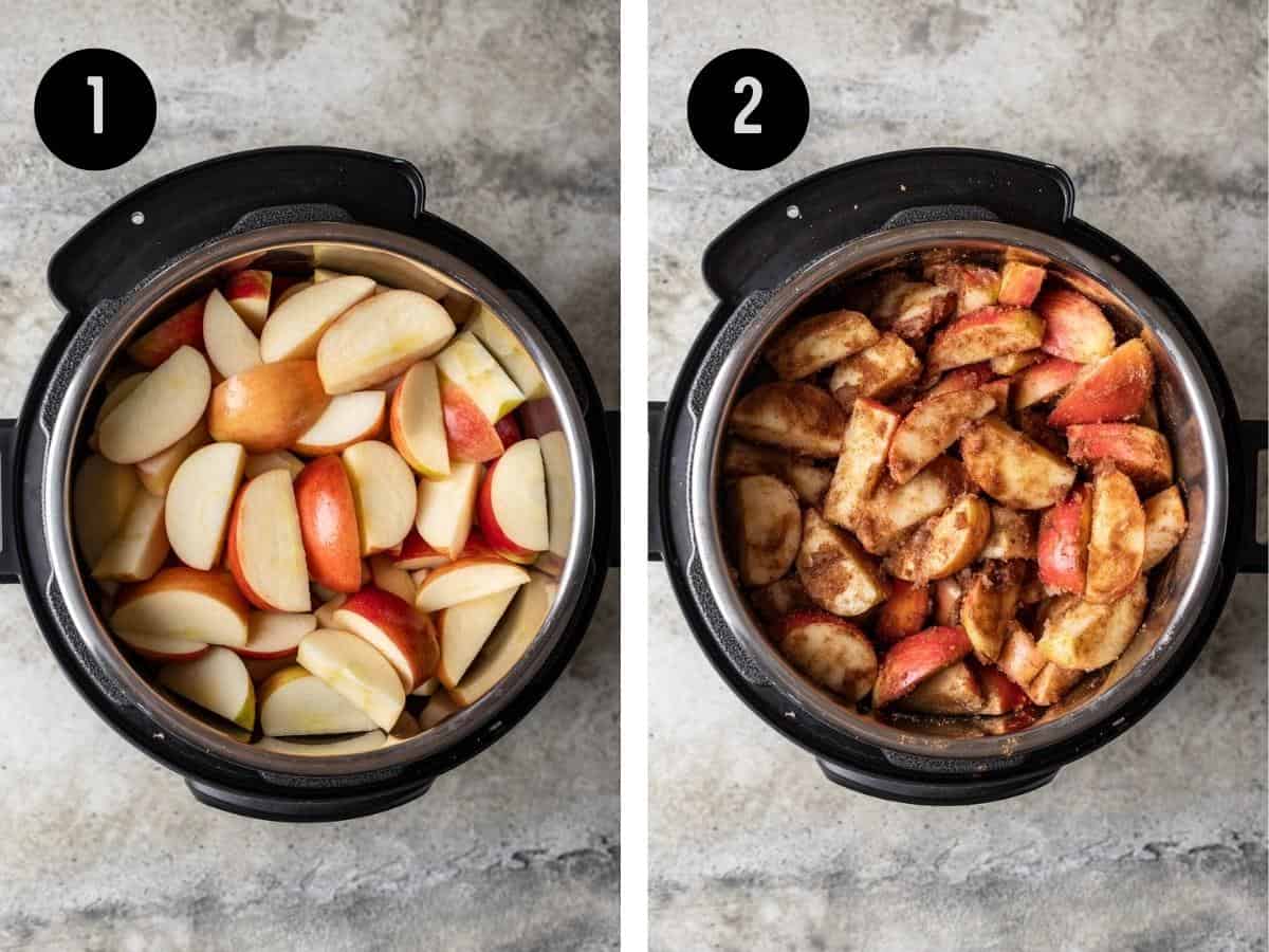 Sliced apples in an instant pot and mixed with sugar and spices.