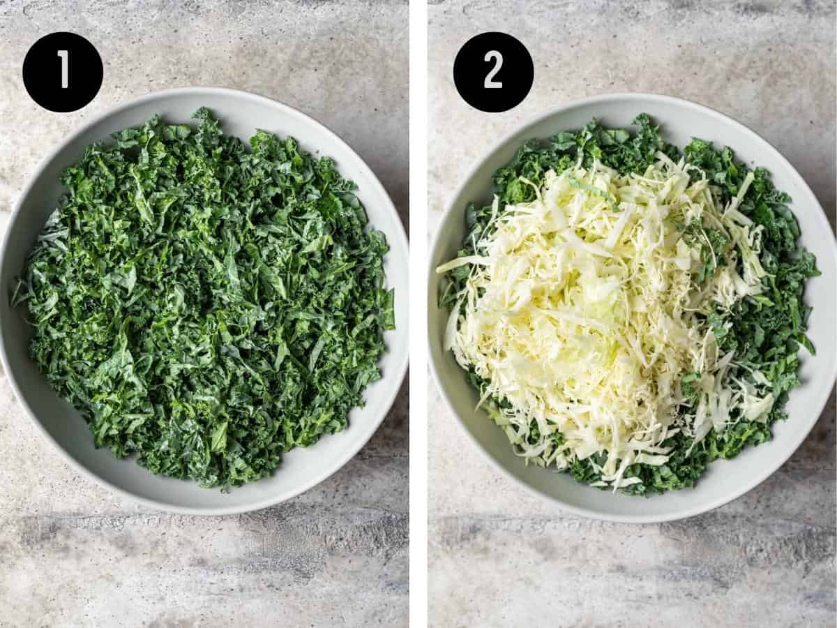 Shredded kale and cabbage in a large mixing bowl.