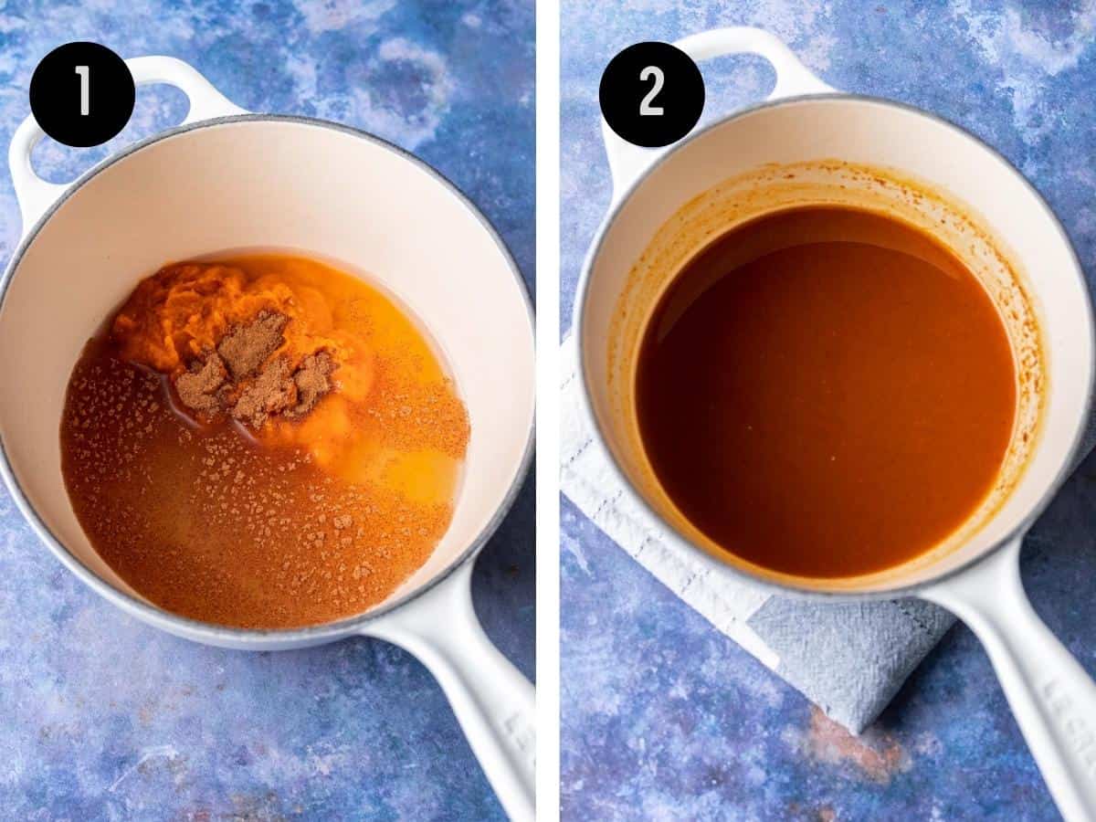 Pumpkin, water, sugar, and spices in a saucepan.