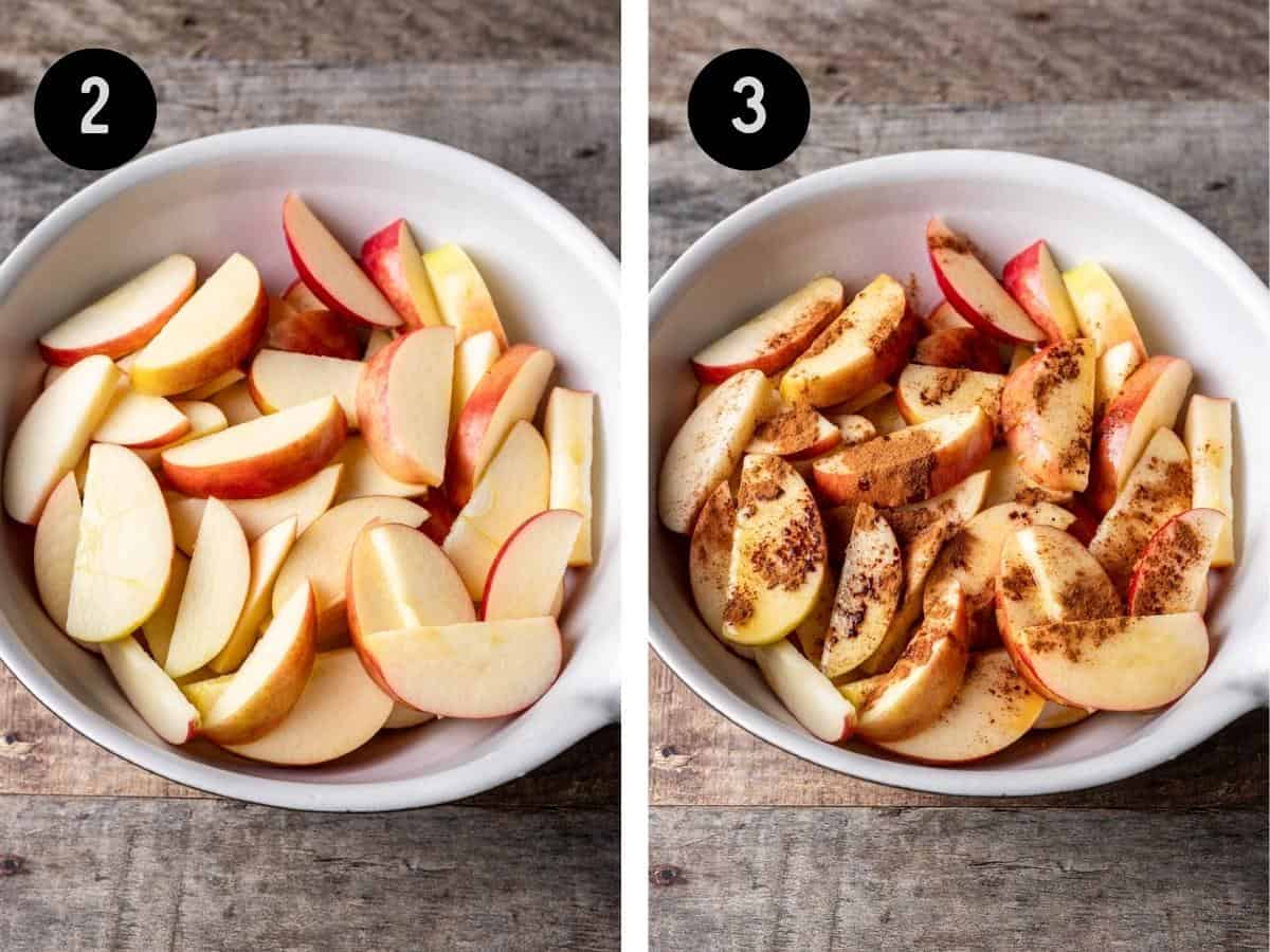 Sliced apples in a mixing bowl, then topped with sugar, oil, and spices.