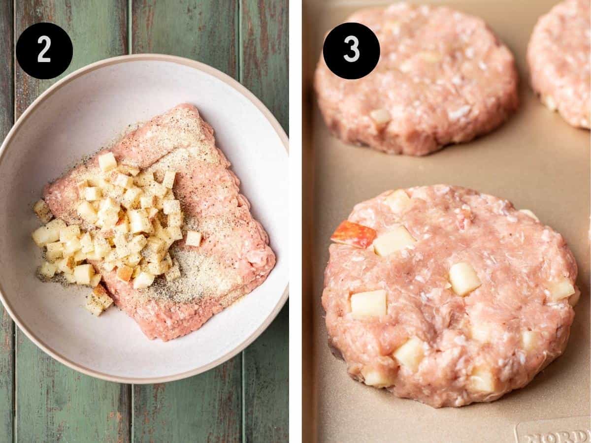 Apple turkey burgers mixed in a bowl then formed into patties.