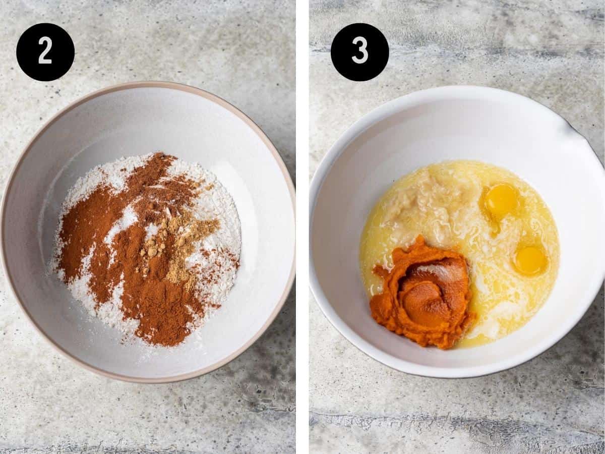 Dry ingredients mixed in a bowl. Wet ingredients in a separate mixing bowl.