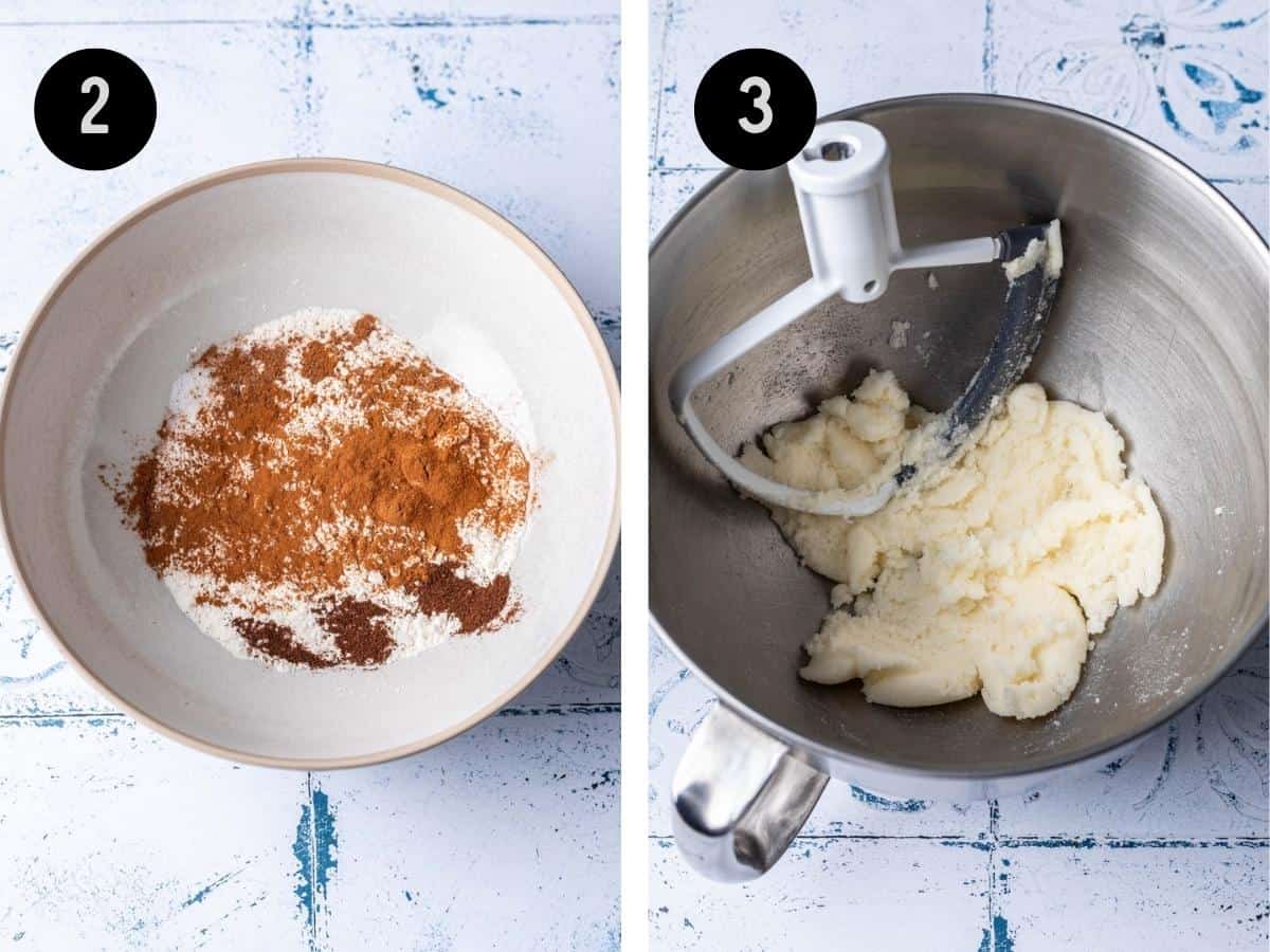 Dry ingredients mixed in a bowl. Butter and sugar mixed together in a separate bowl.