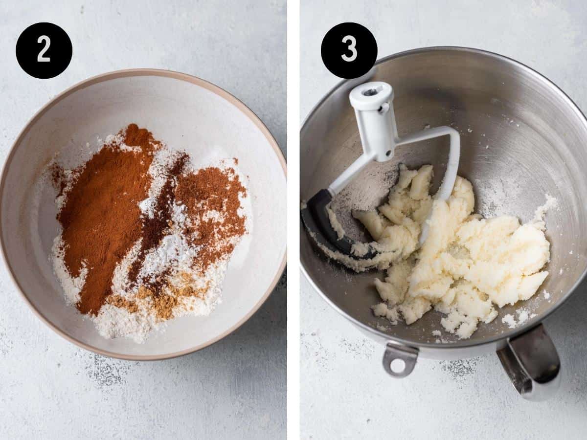 Dry ingredients mixed in a bowl. Butter and sugar mixed in a separate bowl.