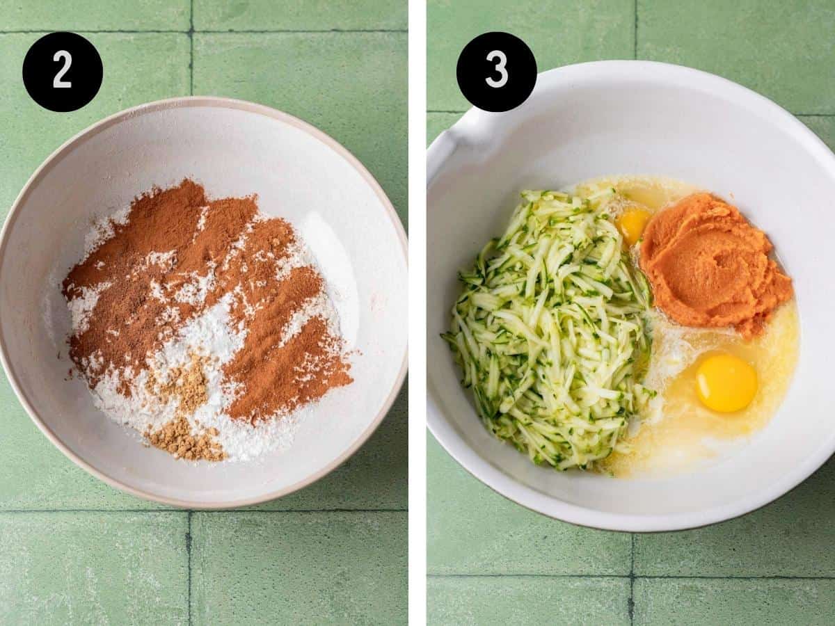 Dry ingredients in a mixing bowl. Wet ingredients in a separate mixing bowl.