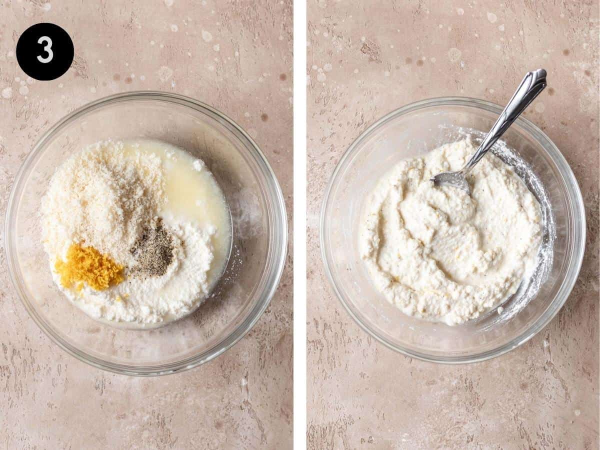 Ricotta sauce mixed together in a glass bowl.