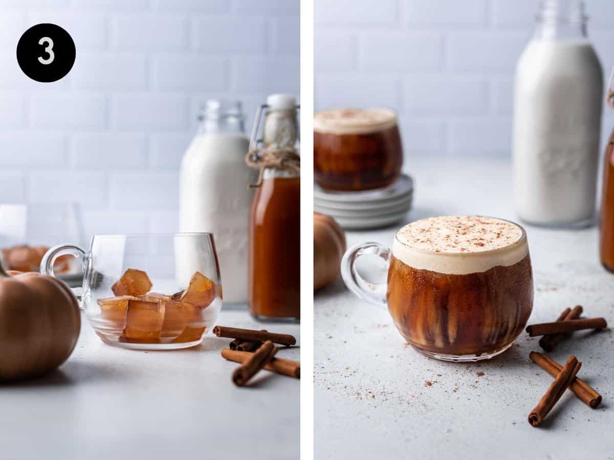 Coffee ice cubes in a glass mug, then topped with coffee and pumpkin cold foam.