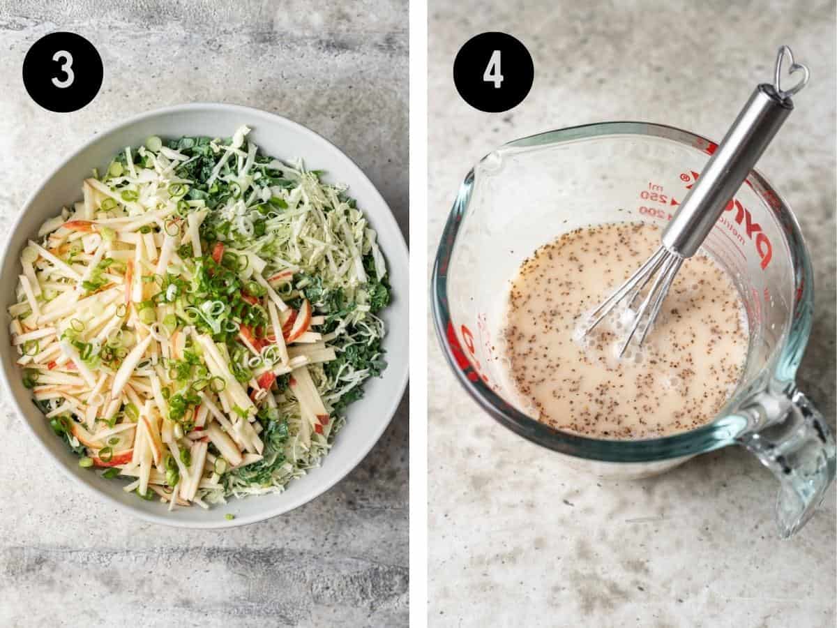 Sliced apples and green onions added to the mixing bowl. Slaw dressing mixed in a glass measuring cup.