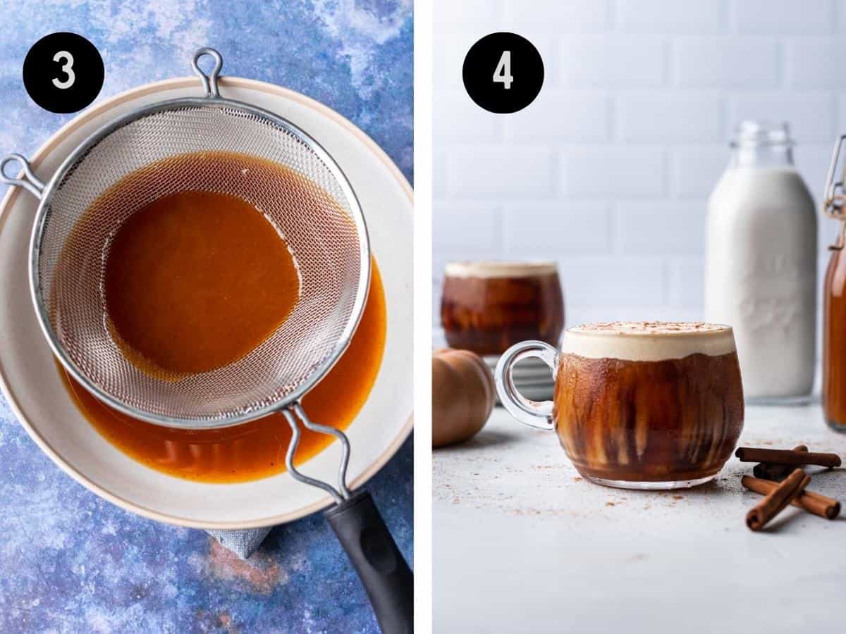 Syrup being strained into a bowl. Then, added to a coffee drink.