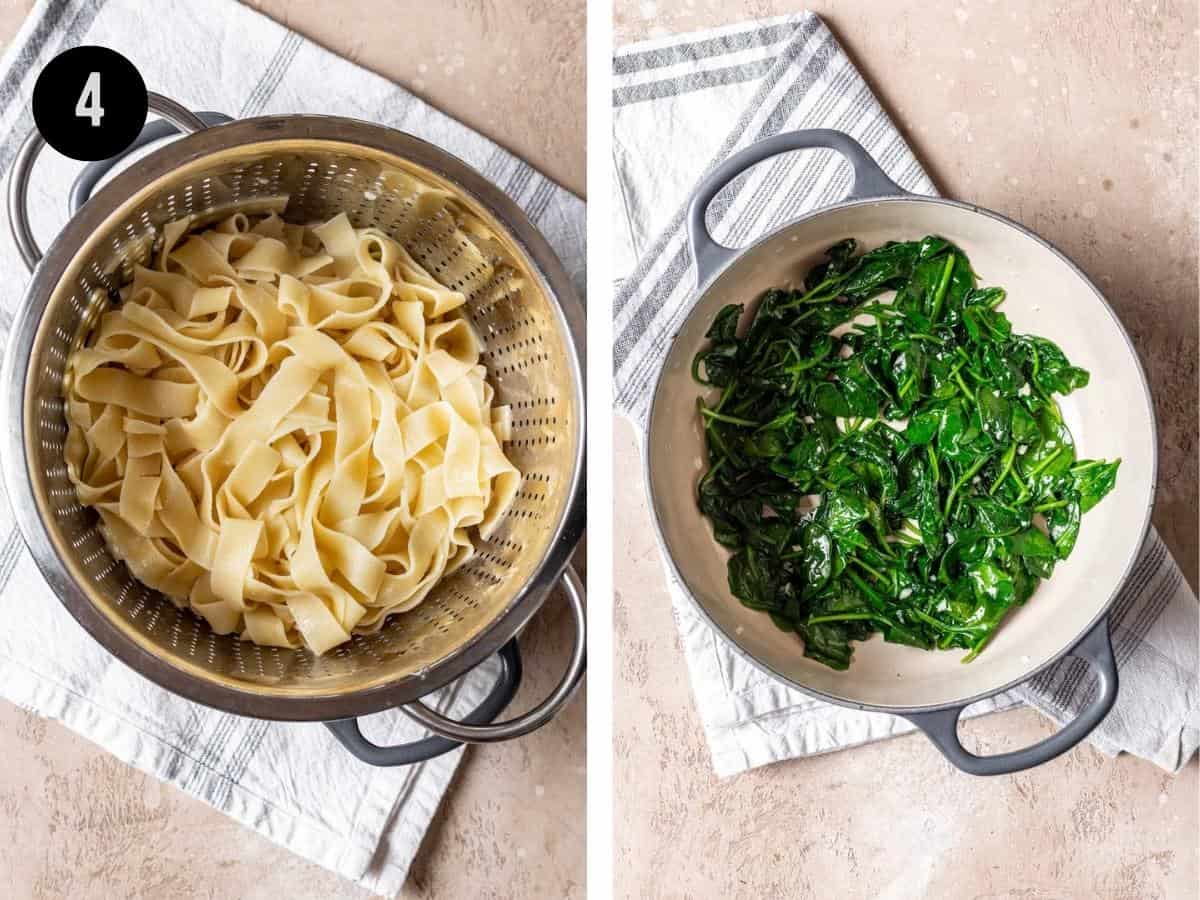 Pasta in a colander. Then, spinach and garlic cooked in a pot.
