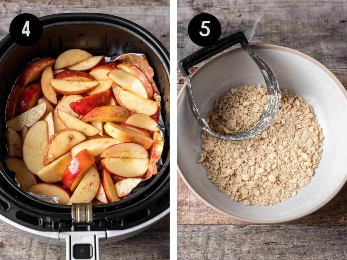 Sliced apples in an air fryer basket. Oat crumble mixed together in a mixing bowl.