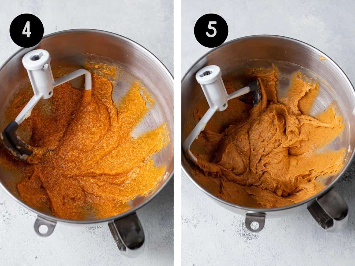 Pumpkin and eggs added to the butter and sugar in a mixing bowl. Then, flour mixed into the batter.