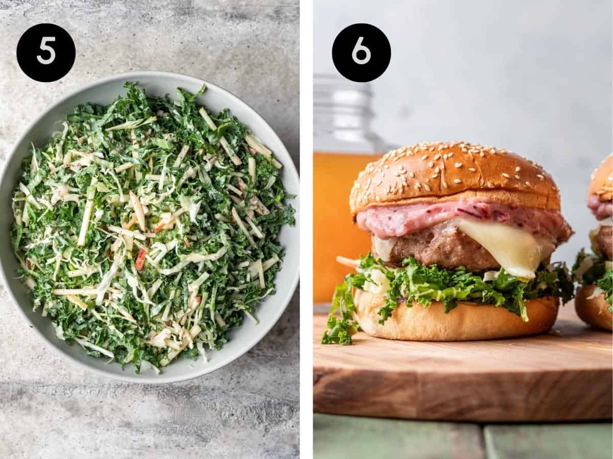 Kale apple slaw in a mixing bowl, then served on an apple turkey burger.