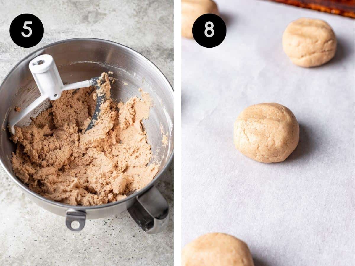 Cookie dough in a mixing bowl. Then, rolled into dough balls on a baking sheet.