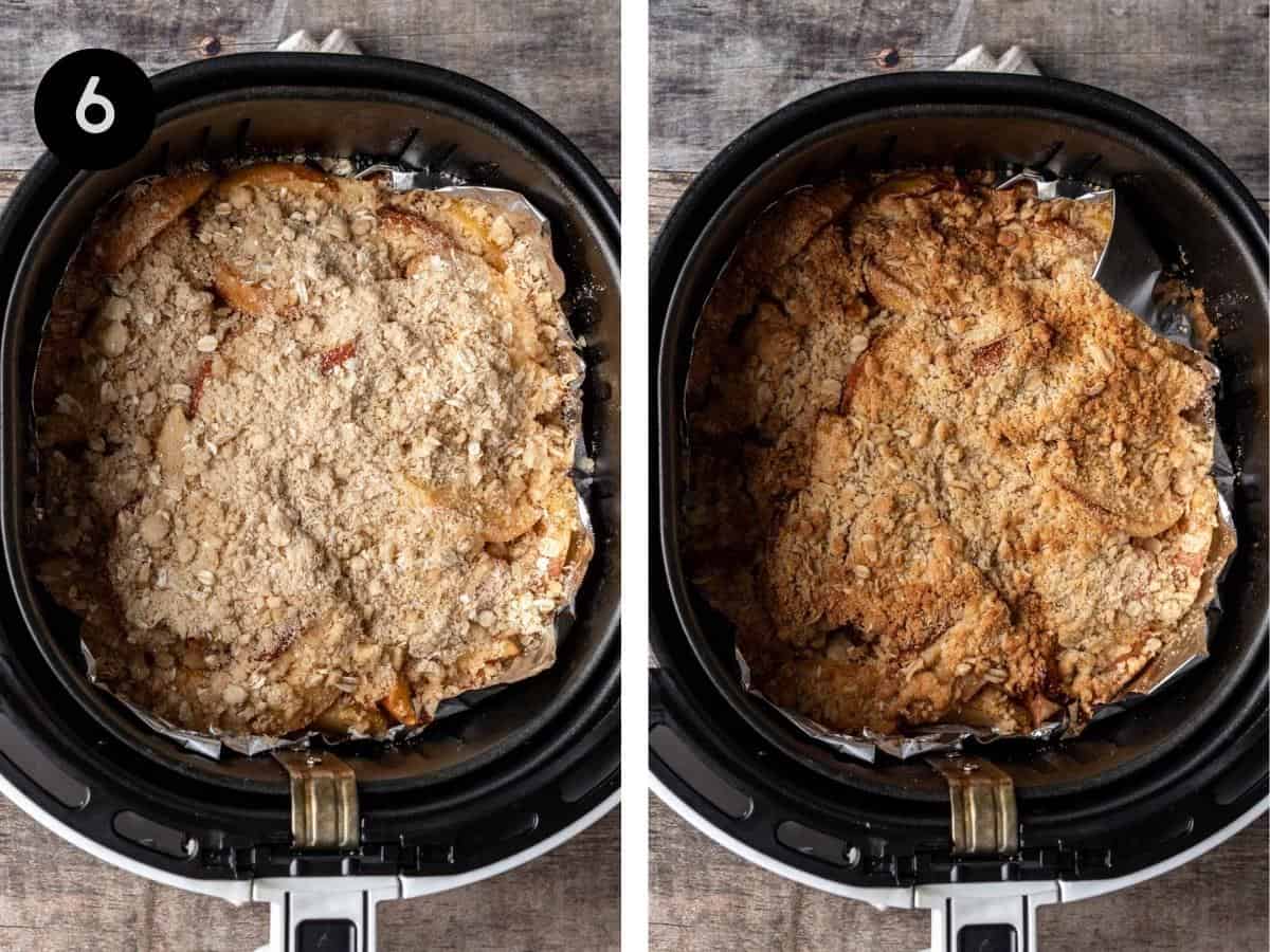 Air fryer apples with a golden brown oat crumble in an air fryer basket.