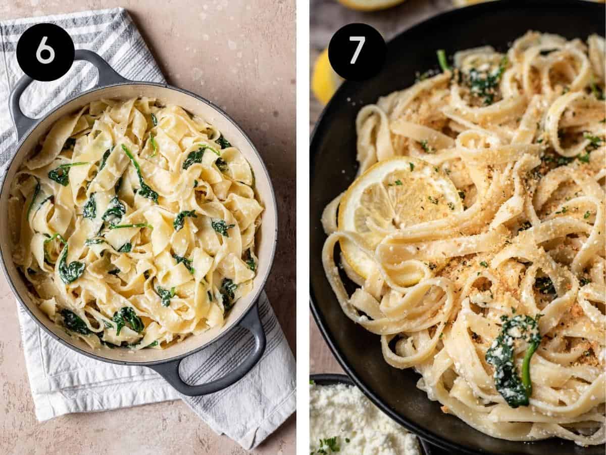 One pot lemon ricotta pasta mixed in a large pot. Then, served in a bowl with toasted breadcrumbs.