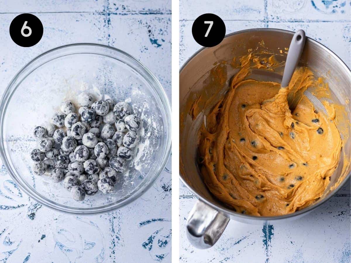 Blueberries covered in flour, then mixed into the pumpkin batter.
